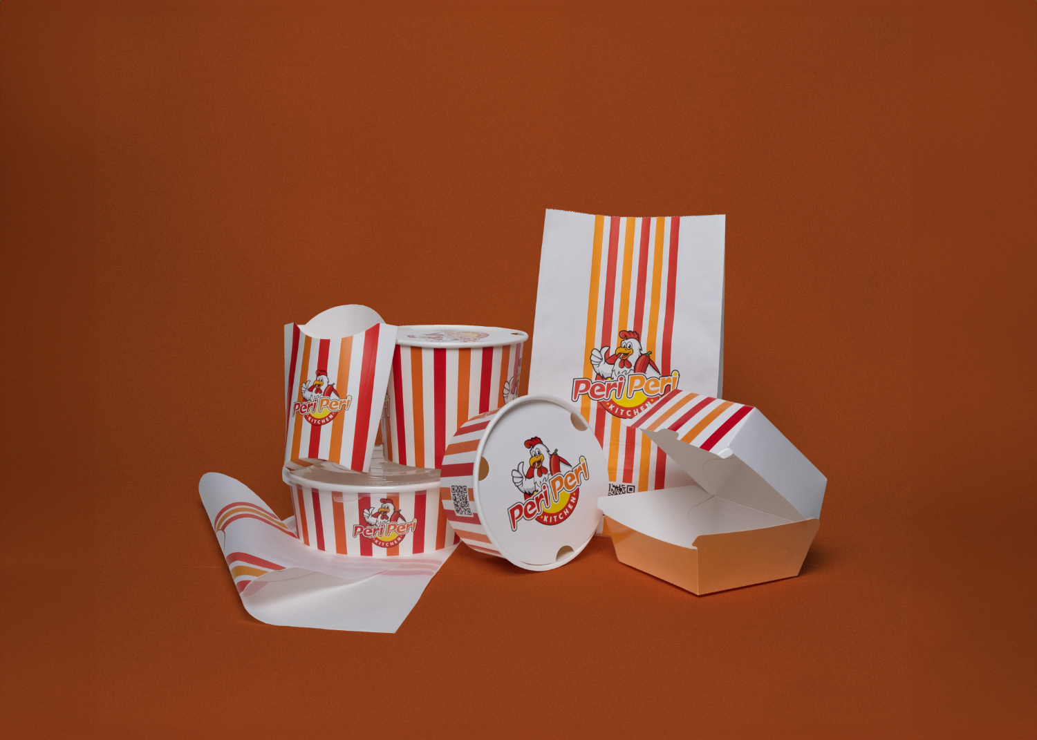 Gestreifte Becher, Boxen und Tüten im Design von Peri Peri Kitchen