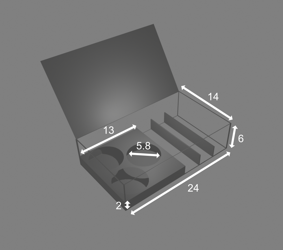 3D-Modell einer massgeschneiderten Verpackung mit Massangaben