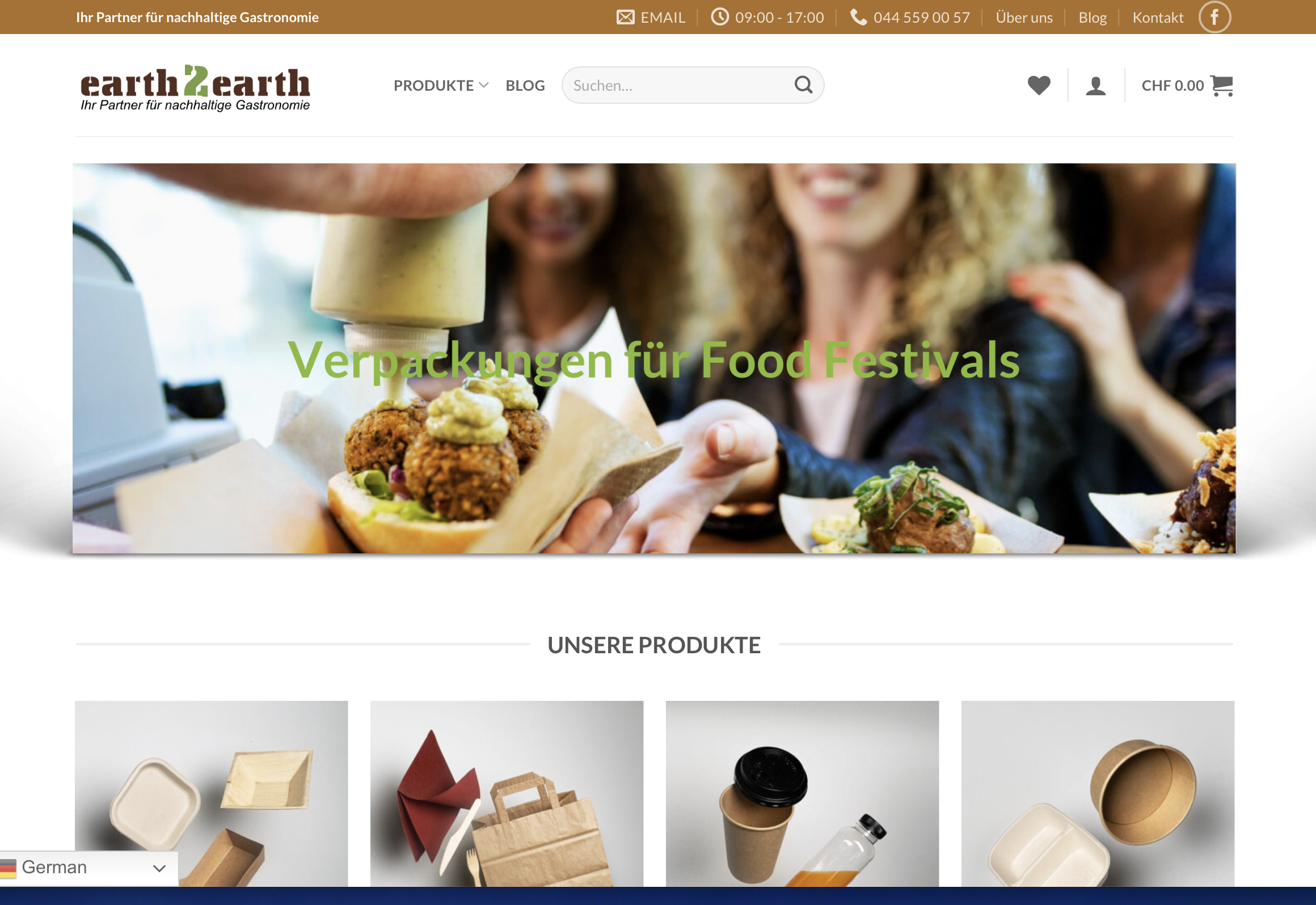 Startseite des earth2earth Online-Shops mit dem Standard-Sortiment